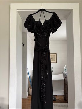 Badgley Mischka Black Sequin Wide-Leg Jumpsuit with Puff Sleeves